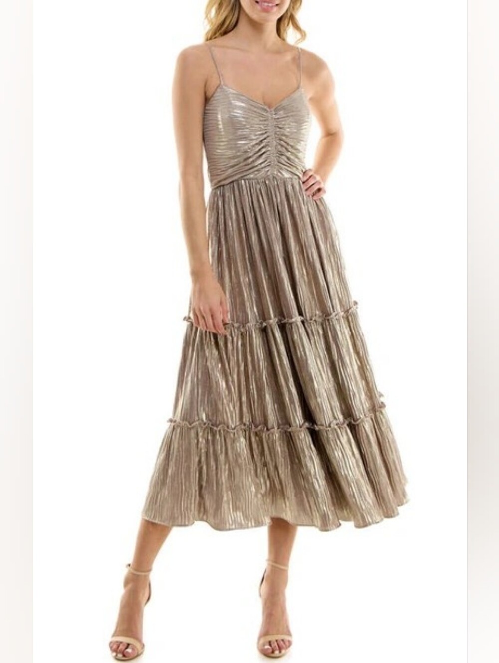 SOCIALITE Metallic Plisse Tiered Midi Dress Gold Size M Formal Cocktail Glam